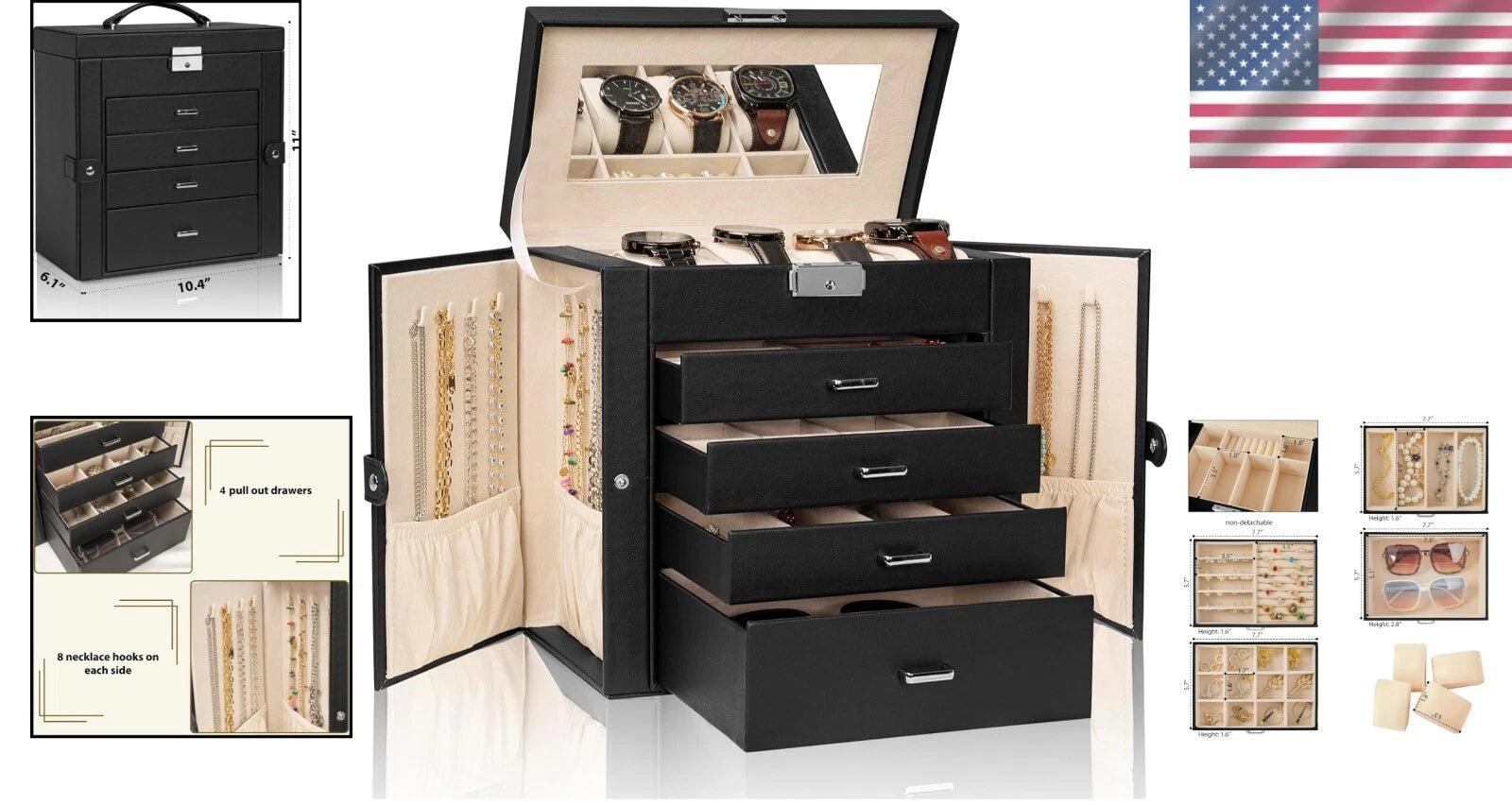 Comprehensive Jewelry Storage Box - Lockable & Elegant with 4 Drawers & Mirror | eBay