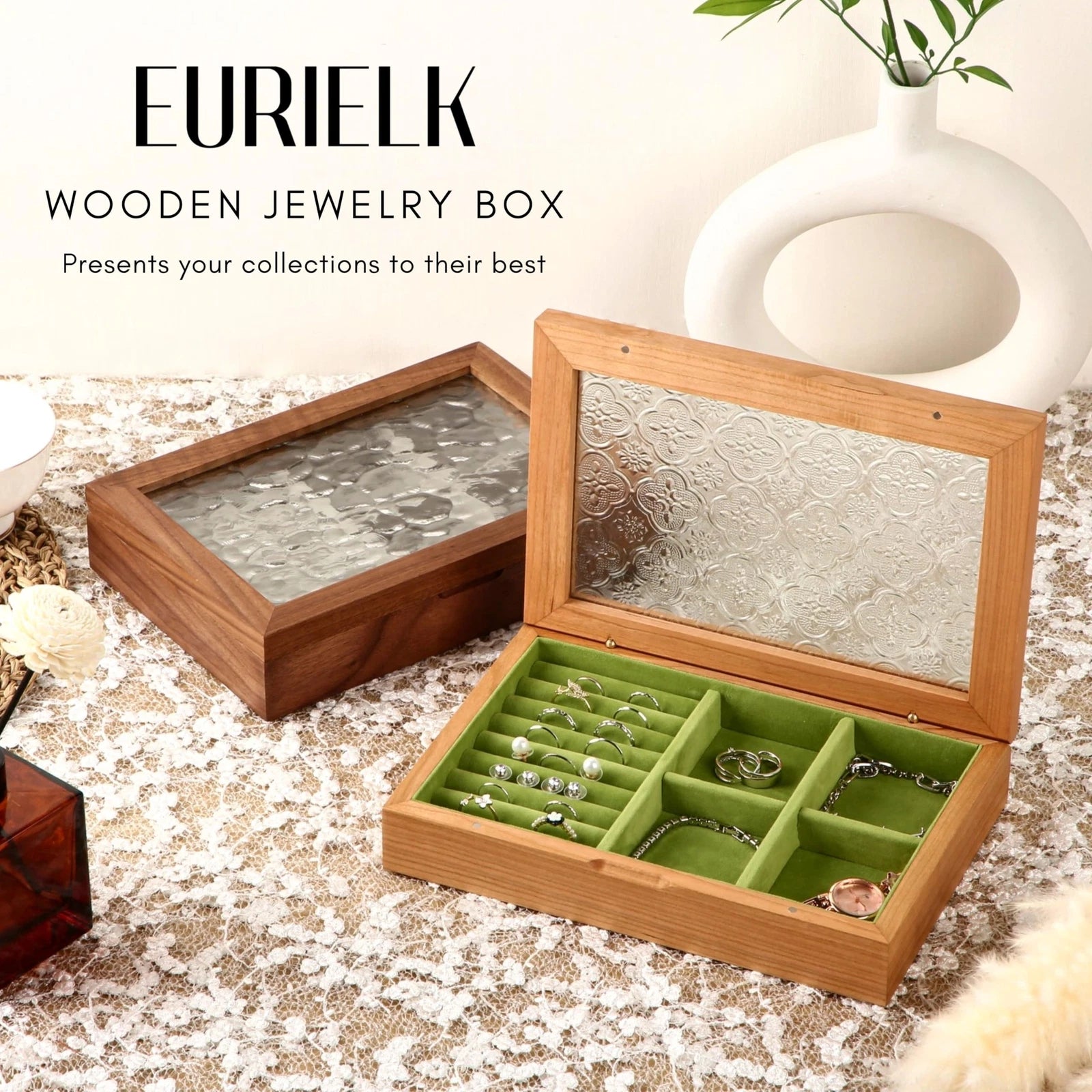 Wooden Jewelry Box for Women, Medium Size Natural Solid Cherry Wood Girls Vin... | eBay