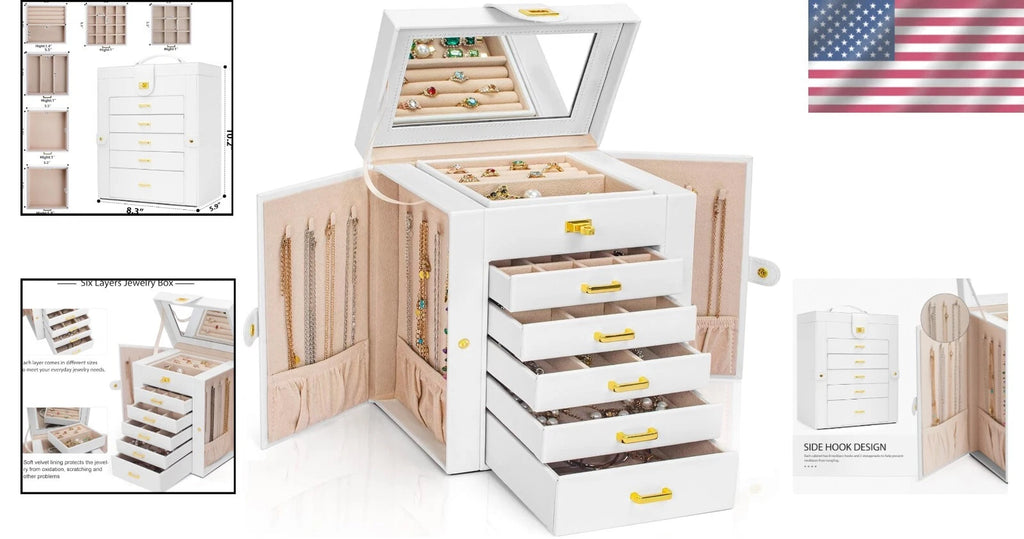 White Faux Leather 6-Layer Jewelry Storage Case with Large Mirror & Drawers | eBay