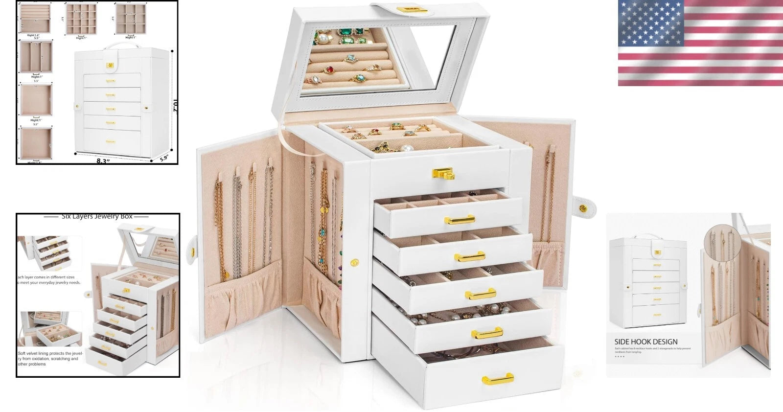 White Faux Leather 6-Layer Jewelry Storage Case with Large Mirror & Drawers | eBay