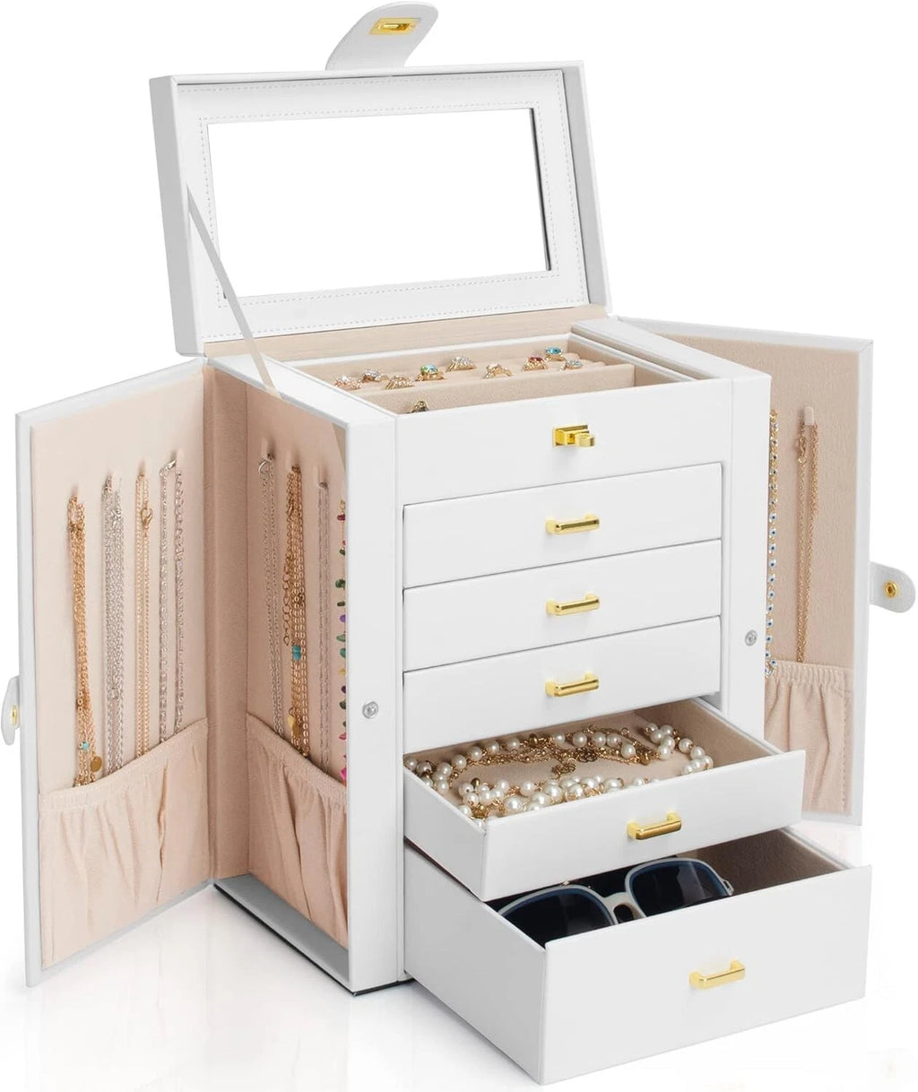 White Faux Leather 6-Layer Jewelry Storage Case with Large Mirror & Drawers | eBay