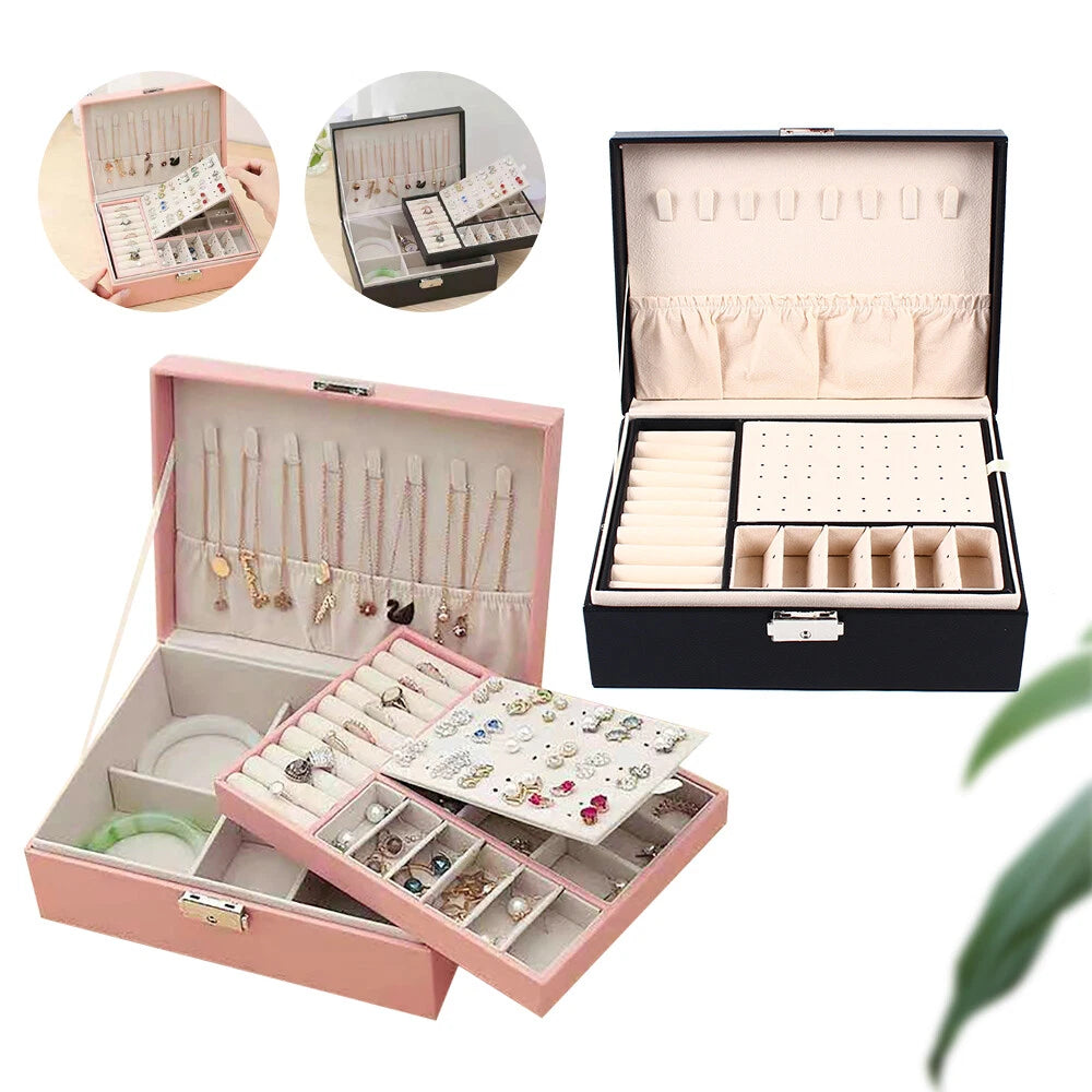 Double Layer Jewelry Box - PU Leather Organizer for Necklaces & Rings | eBay