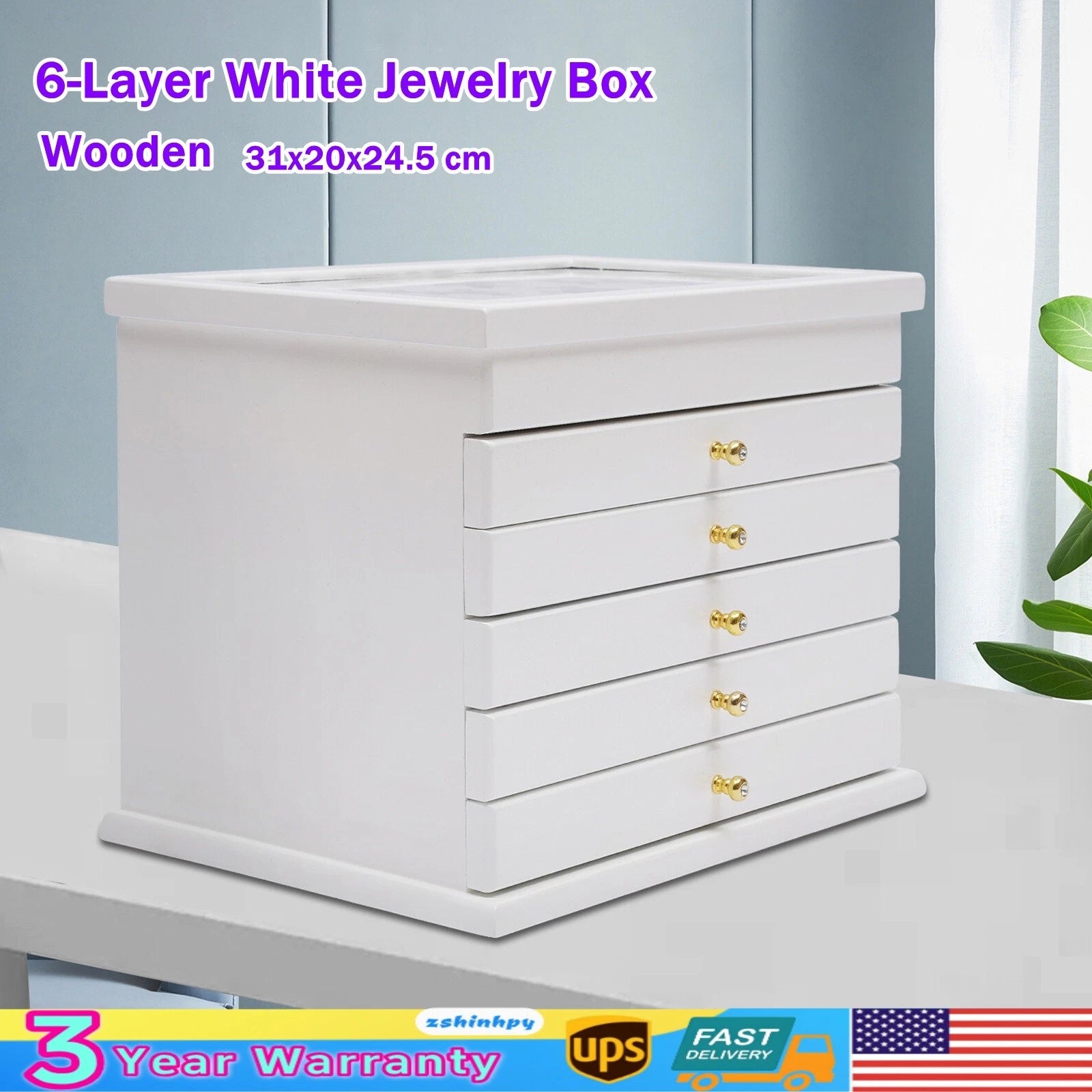 6-Layer Jewelry Boxes Ring Necklace Storage Large-Capacity Wooden Box Case White | eBay