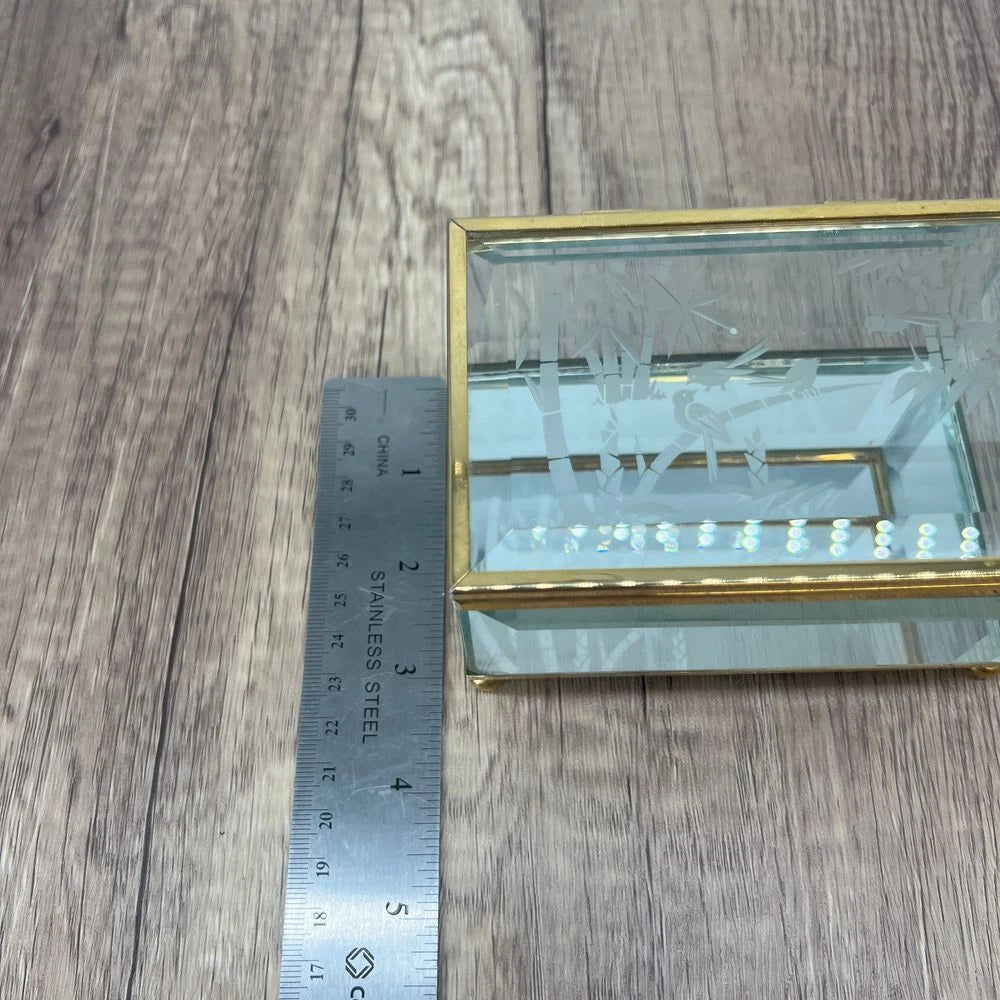 Vintage Glass Jewelry Box Gold Trim Etched Birds Bamboo Trinket Mirror Storage | eBay