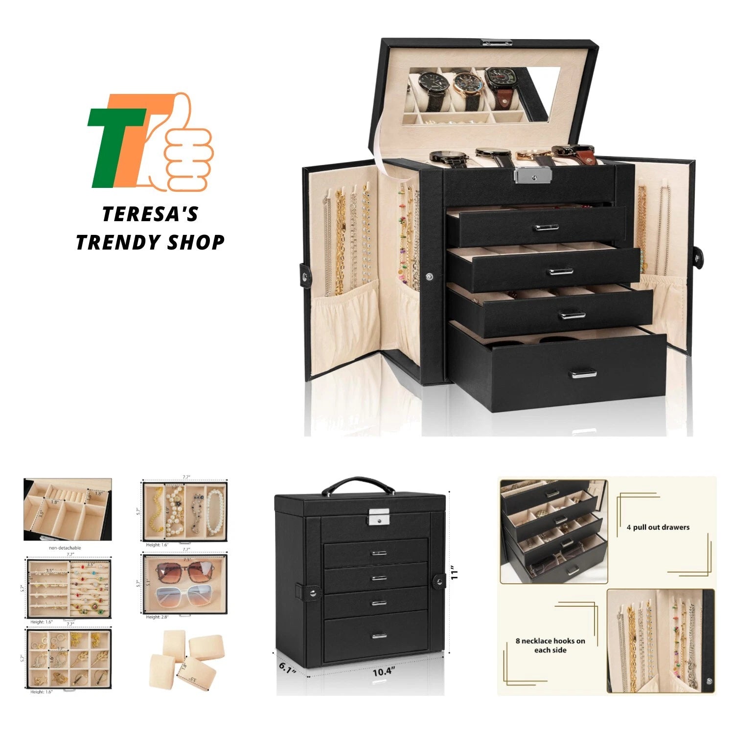 Comprehensive Jewelry Storage Box - Lockable & Elegant with 4 Drawers & Mirror | eBay