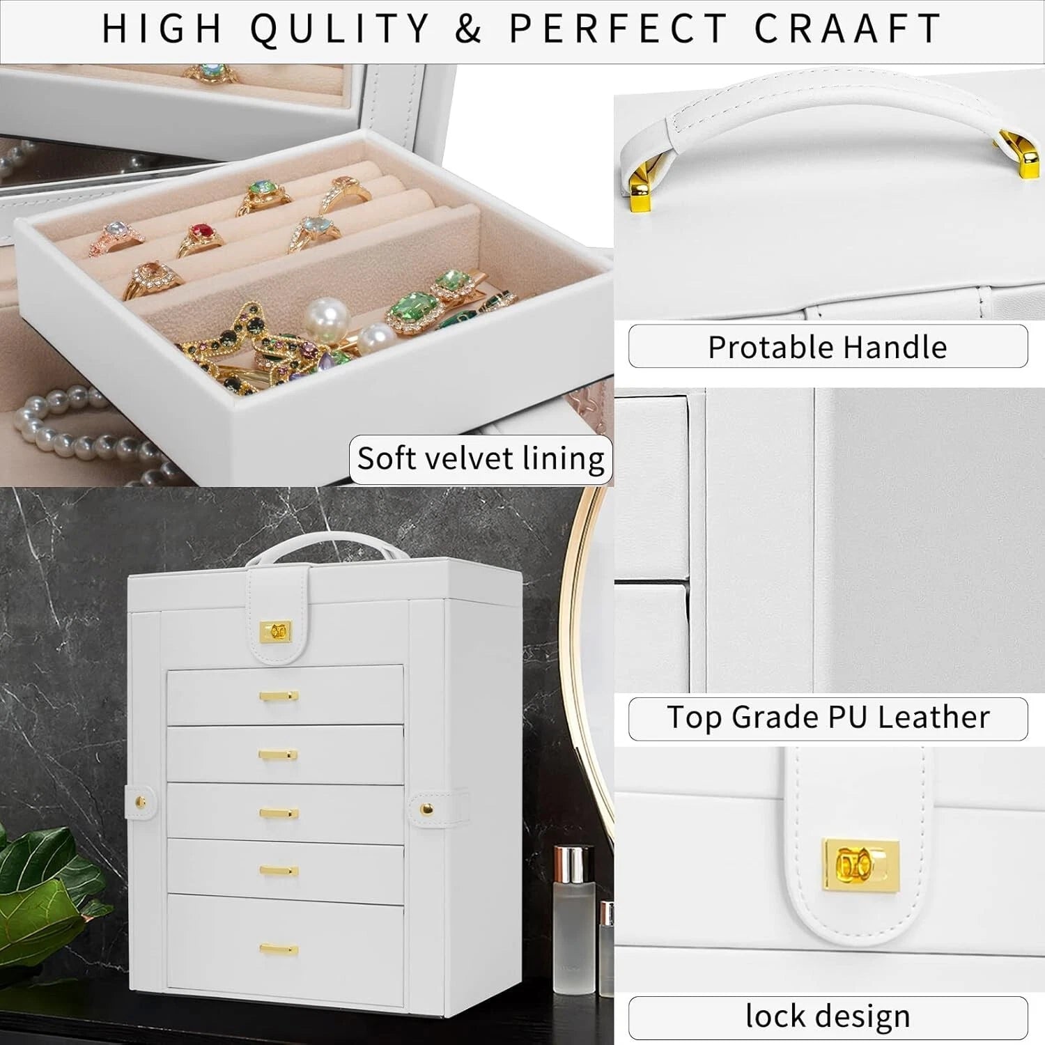 White Faux Leather 6-Layer Jewelry Storage Case with Large Mirror & Drawers | eBay
