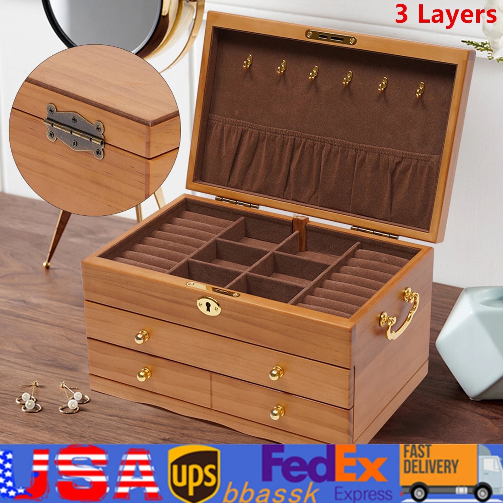 Wooden Jewelry Box 3-tier Lockable Jewelry Organizer Vintage Style Storage Box | eBay