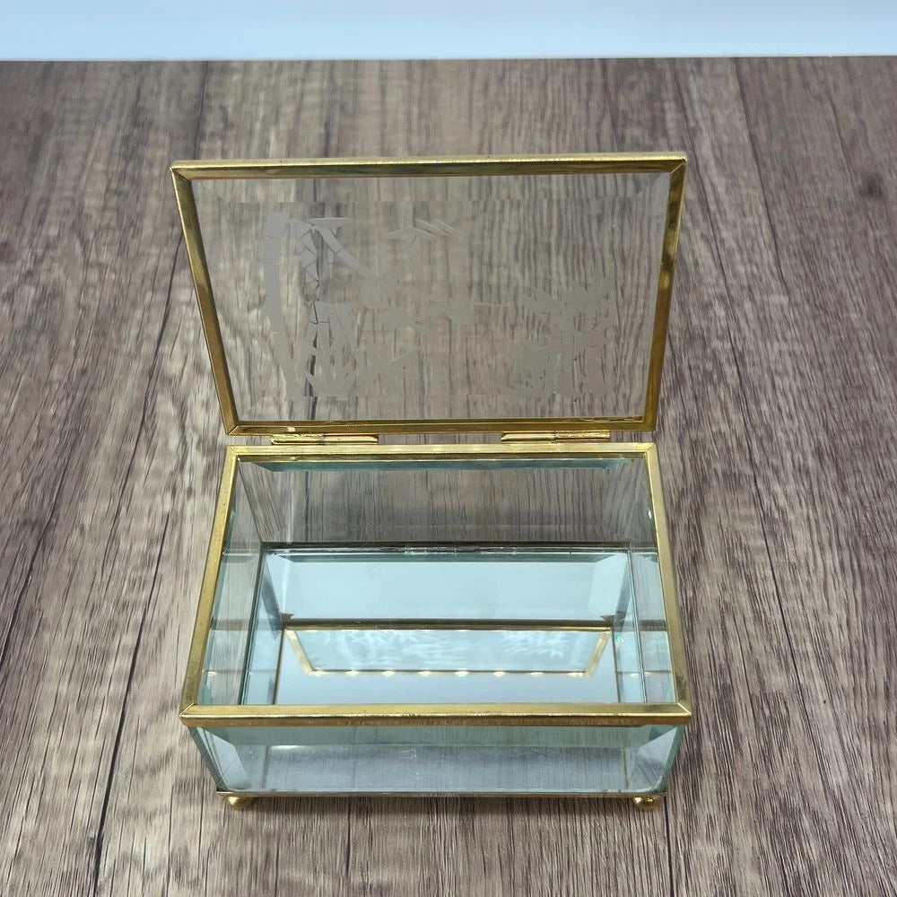 Vintage Glass Jewelry Box Gold Trim Etched Birds Bamboo Trinket Mirror Storage | eBay