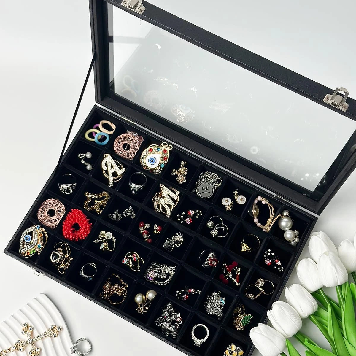 Clear Lid 40 Grid Jewelry Box with Transparent Glass Lid Velvet Earring... | eBay
