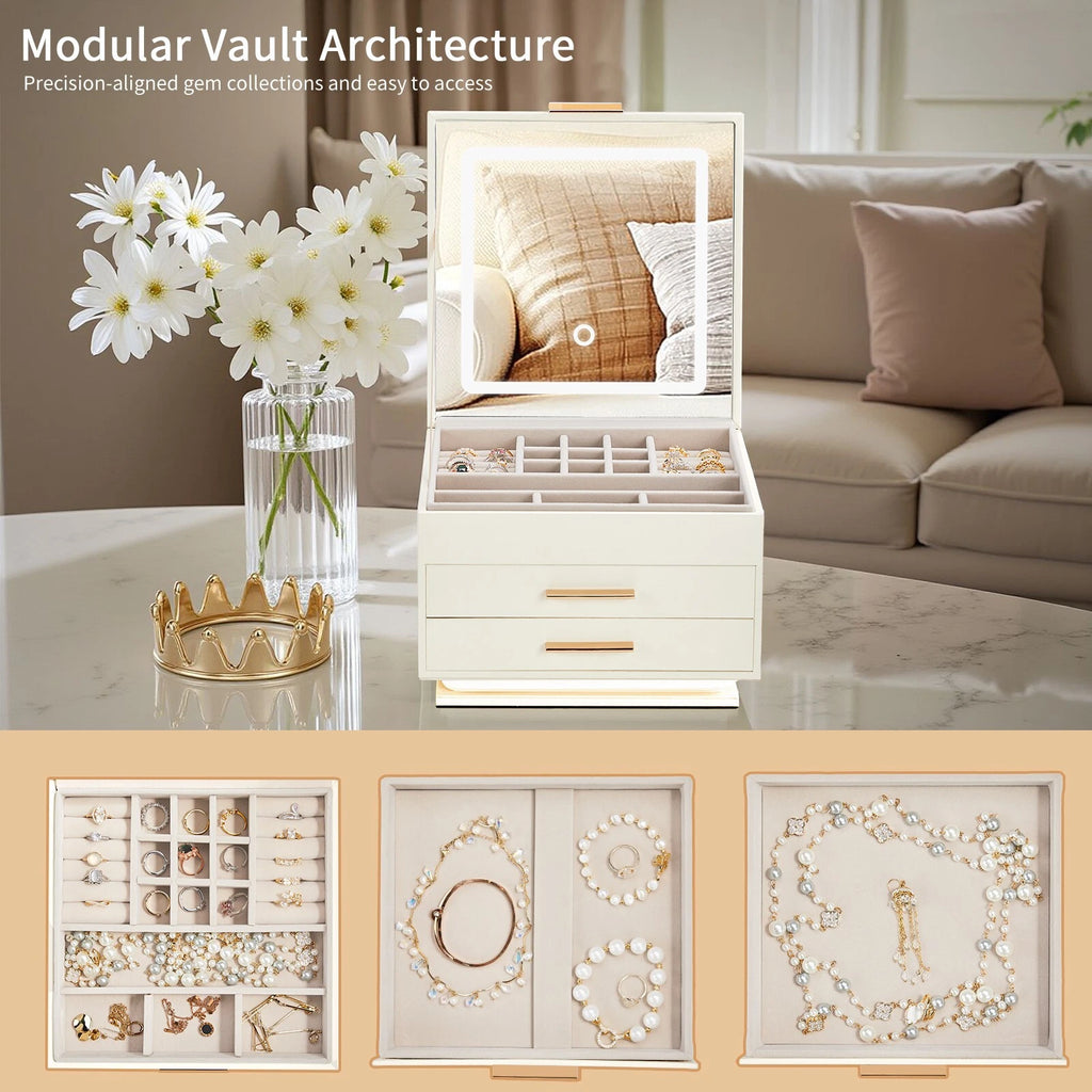 Jewelry Box Leather 3-Tier Storage Organizer Case with Touch Control LED Mirror | eBay