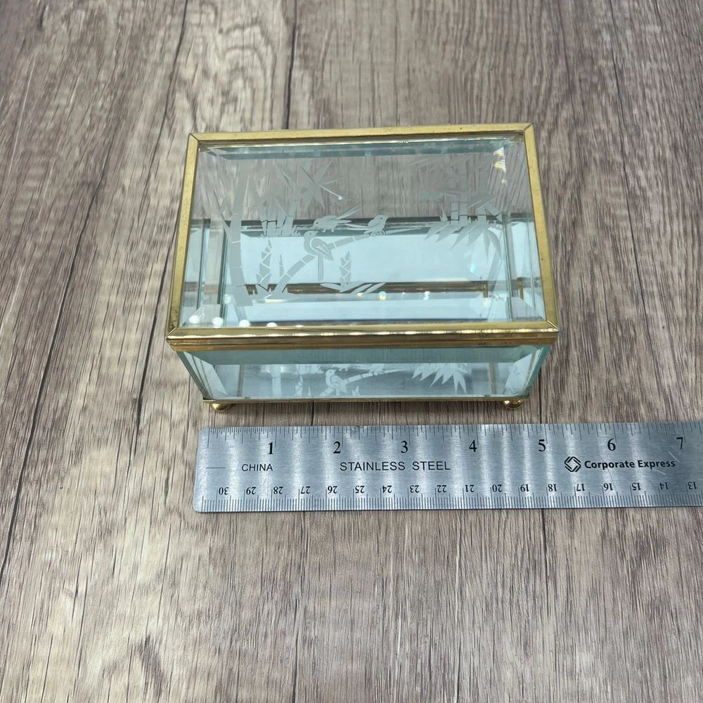 Vintage Glass Jewelry Box Gold Trim Etched Birds Bamboo Trinket Mirror Storage | eBay