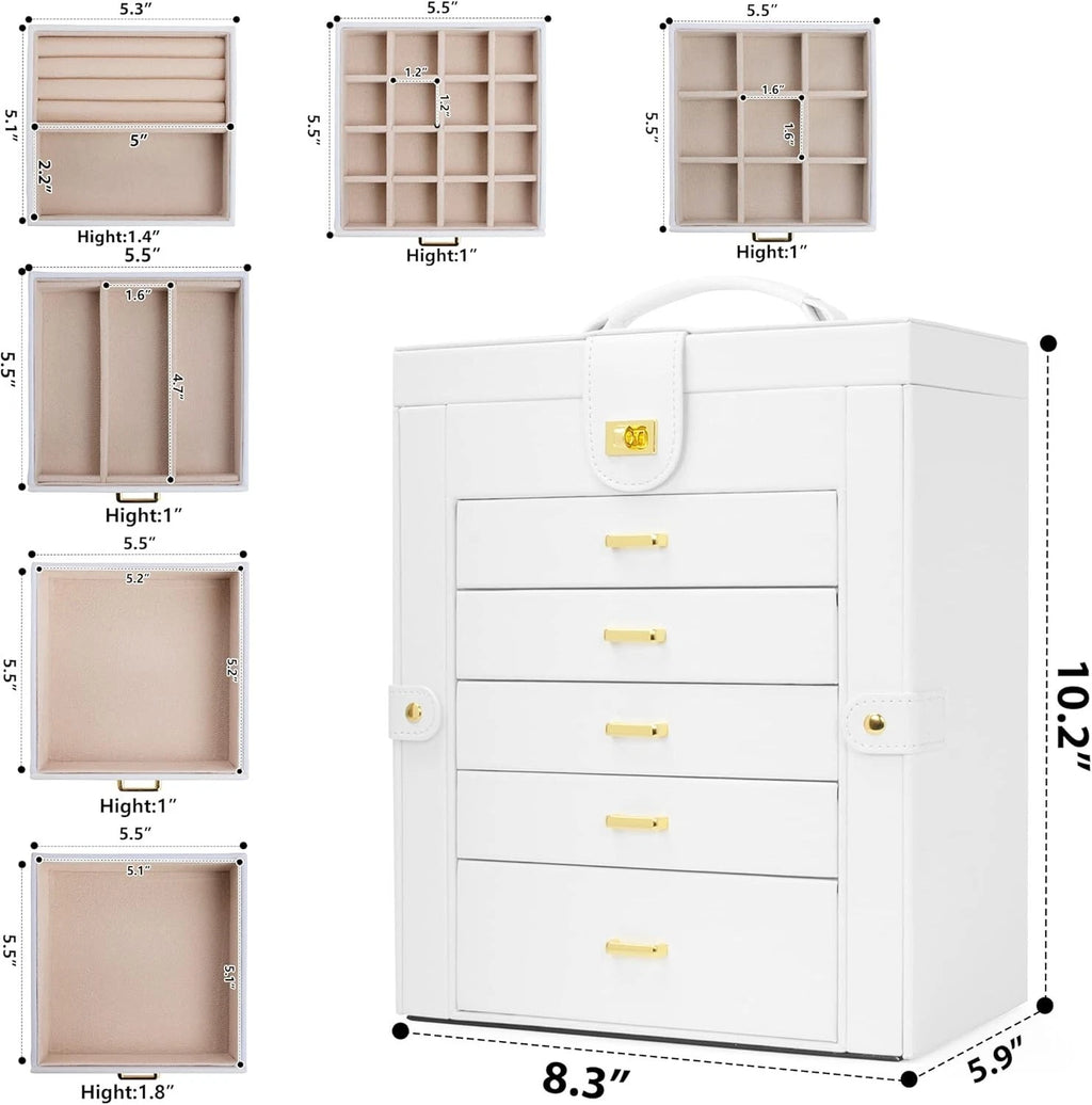 White Faux Leather 6-Layer Jewelry Storage Case with Large Mirror & Drawers | eBay