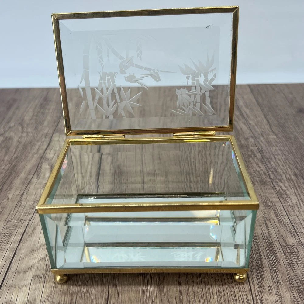 Vintage Glass Jewelry Box Gold Trim Etched Birds Bamboo Trinket Mirror Storage | eBay