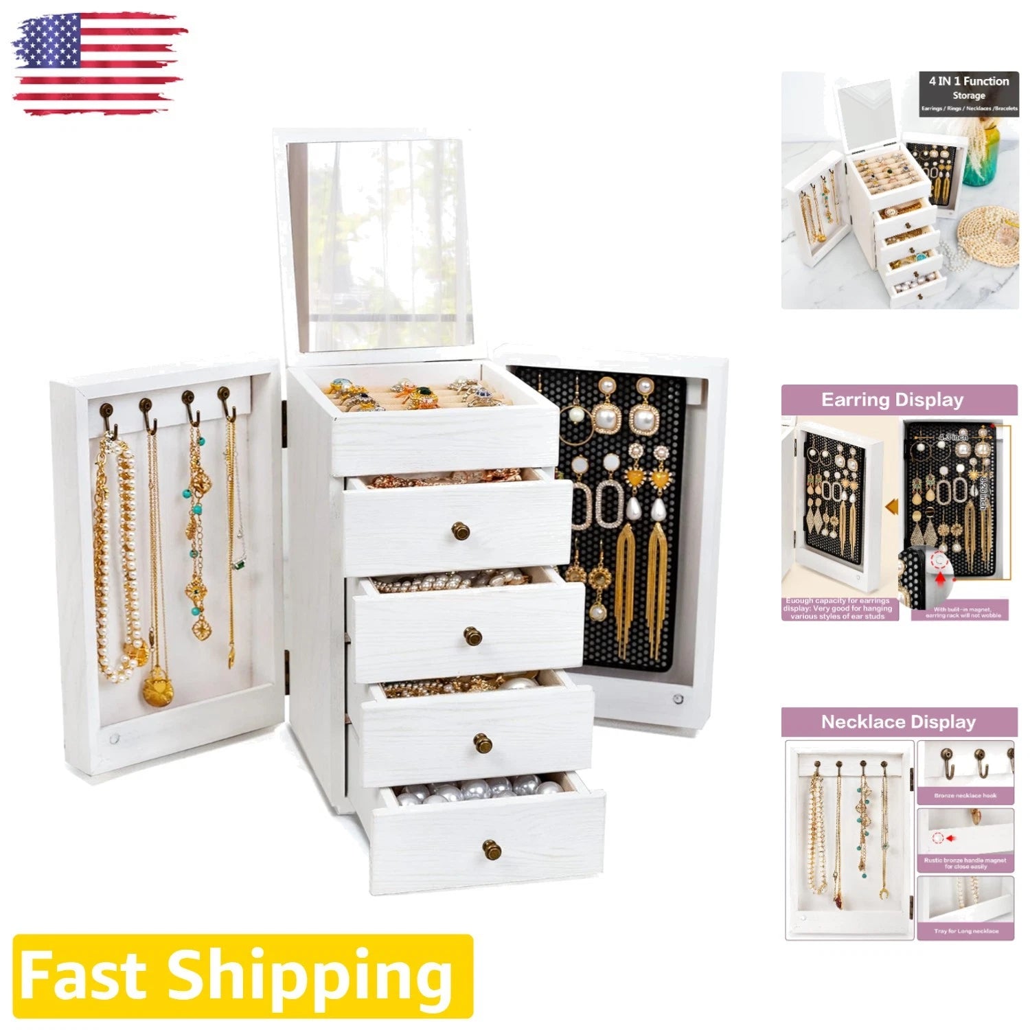 Charming White 5-Layer Jewelry Storage Box with Built-in Mirror & 4 Drawers | eBay
