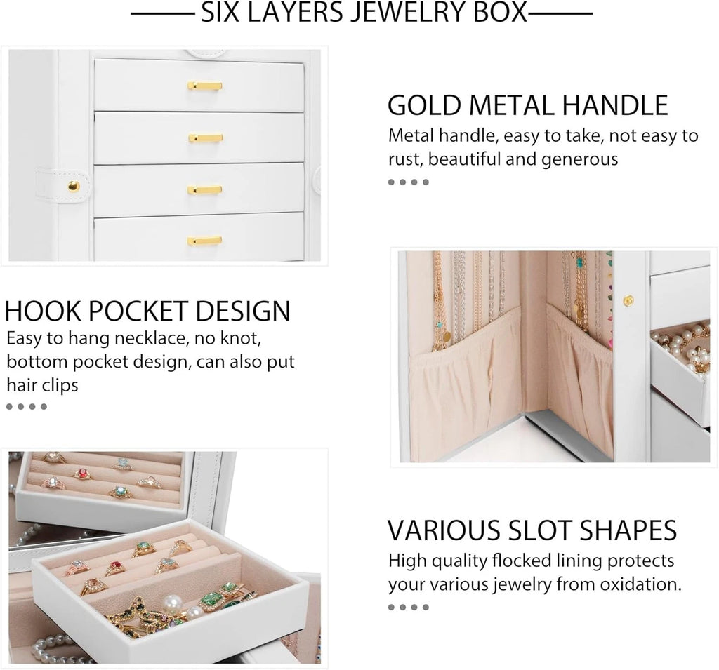 White Faux Leather 6-Layer Jewelry Storage Case with Large Mirror & Drawers | eBay