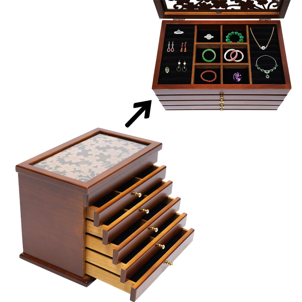 6 Layers Wooden 5 Drawers Large Jewelry Box With Mirror Organizer Box Gift | eBay