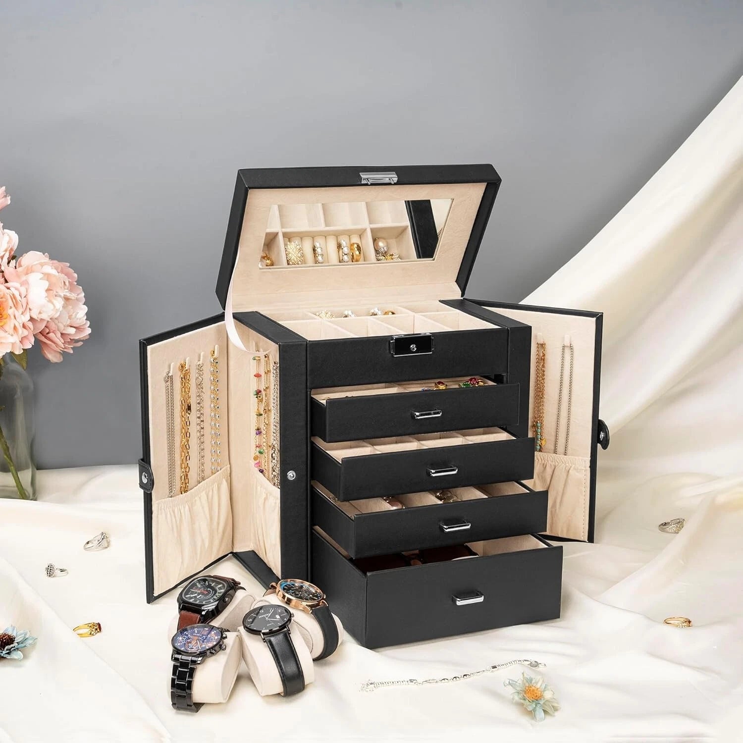 Comprehensive Jewelry Storage Box - Lockable & Elegant with 4 Drawers & Mirror | eBay